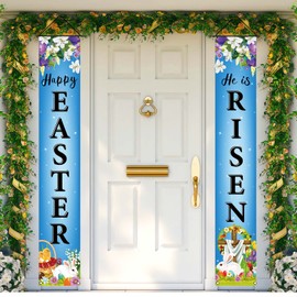 FARMNALL Easter He is Risen Porch Banner Bunny Egg Rabbit Party Front Door Sign Wall Hanging Spring Lily Cross Decorations and Supplies for Home Office Farmhouse Holiday Decor