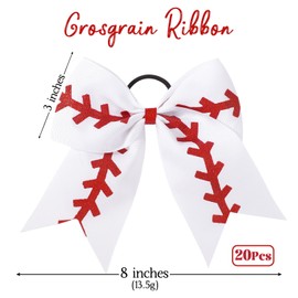 YLEN YHXX 20 PCS 8" Large Softball Cheer Hair Bows Cheerleading Bows with Ponytail Holder Elastic Band Handmade for Cheerleading Teen Girls College Sports （Softball Baseball White）