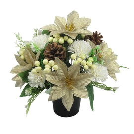 Christmas grave arrangement 25cm (10 inches) in grave pot/vase with with gold poisettias and snowball chrysanthemums