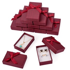 Boutigem 12 Pack Cardboard Jewelry Gift Boxes, 2.09 x 3.27 x 0.94 Inch Dark Red Stripe Rectangle Jewelry Boxes with Bowknot Lids for Necklace Pendants Bracelets Earrings Ring Jewelry Display Packing
