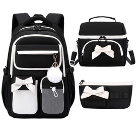 NIWEIYA Girls School Backpack with Lunch Box Pencil Case Set, Cute Middle School Bag Teen Girls Backpack Bookbag for Kids, 3pcs Black