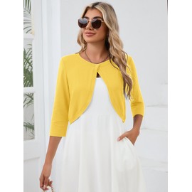 Heymoments Women's Thin Shrugs for Dresses Yellow Medium Open Front 3/4 Sleeve Knit Lightweight Crop Cardigan Dressy Cropped Tops Coat Sweater Clothes