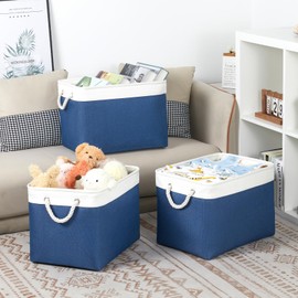 Bidtakay Large Storage Baskets for Shelves 3 Pack Fabric Storage Bins for Organizing Navy Blue Decorative Baskets Linen Collapsible Organizer for Closet