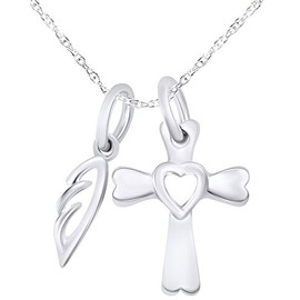 Wishrocks Holy Cross with Angel Wing Pendant Necklace in 925 Sterling Silver