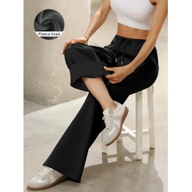 ELLEVEN Womens Wide Leg Fleece Lined Baggy Sweatpants Low Rise Elastic Waist Pockets Cotton Warm Lounge Thermal Pants Winter Fall Autumn 2025 Pants Mujer Athletic Gym Yoga Black Large