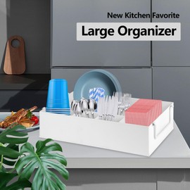 NelyBet Paper Plate Dispenser Holders Utensil Caddy for Countertop,Outdoor Silverware Caddy, Picnic and Camping Utensil Holder, Flatware Organize with Handle for Party Gatherings, Metal (White)