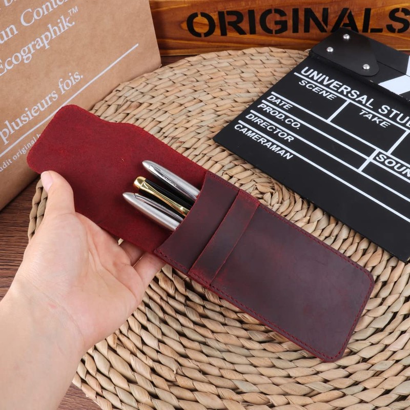 Leather Pencil Case with Slip Tab Crazy Horse Pen Holder