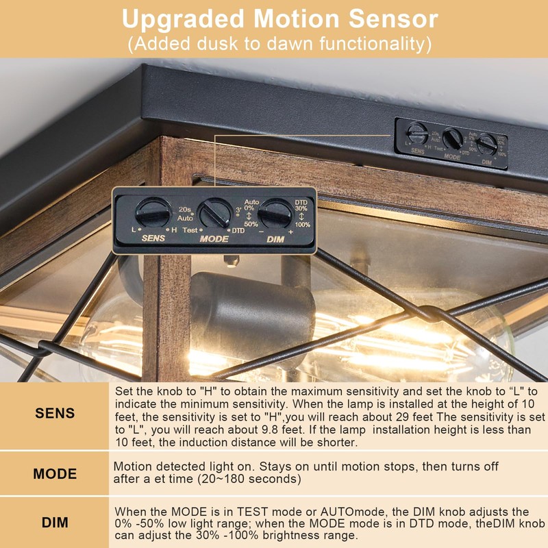 Outdoor Ceiling Light with Motion Sensor, Industrial Farm House Flush