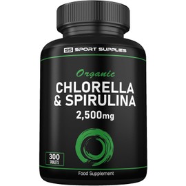Organic Chlorella and Spirulina - 2500mg - 300 Tablets - Broken Cell Wall - Pure Formula Supplement with No Additives