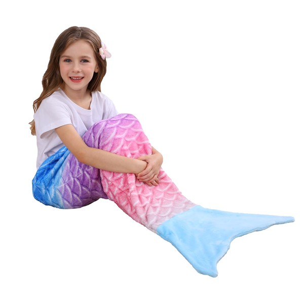 Viviland Kids Mermaid Tail Blanket - Girls Toddlers Mermaid Toys - Flannel Pink Mermaid Blanket Gifts for Girls - Rainbow Ombre Mermaid Tale Blanket - Blue Tail 17"×39"