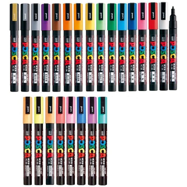 Uni Posca Paint Marker FULL RANGE Bundle Set , Mitsubishi Poster Colour ALL COLOR Marking Pen Fine Point ( PC-3M ) 24 Colours ( 17 Standard & 7 Natural ) Japan Import