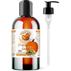 Aceite de semillas de calabaza. 236 ml Prensado en frío. Sin refinar. Orgánico. 100 % puro. Antienvejecimiento. Sin hexano. Combate las arrugas y suaviza el cabello. Hidratante natural. Para cabello, cara, cuerpo, barba, estrías.