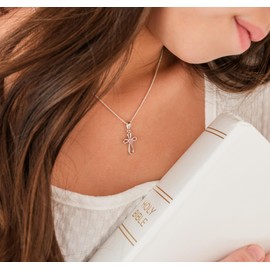 Cherished Moments Children's Sterling Silver Cross Necklace with Pink CZ Heart for Baptism, First Communion and Confirmation Gift for Girls