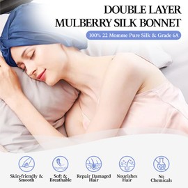 22 Momme 100% Pure Mulberry Silk Sleep Cap for Women Hair Care,Double Layer Natural Silk Bonnet Shower Cap Hair Wrap for Sleeping,Silk Night Hat with Elastic Stay On Head For Wash/Makeup
