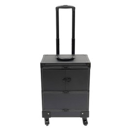 Rolling Makeup Train Case, Aluminum Cosmetic Trolley Organizer with Sliding Drawers, Barber Case with Key Swivel Wheels, Travel Cosmetic Organizer for Hair Stylists,Pet Groomers,Makeup Artists, Black