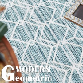 jinchan Moroccan 8x10 Area Rugs for Living Room - Machine Washable Modern Geometric Stain Resistant Ultra-Thin Low-Pile Large Rug Non-Slip Carpet for Bedroom Kitchen Dining Room (8x10ft,Teal Blue)