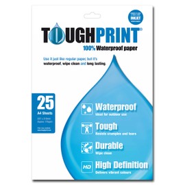Toughprint A4-Inkjet Waterproof Paper, 25 Sheets High-Definition, Durable, Wipe Clean Sheets, Ideal for Outdoor Sports, Map Printing and Signs