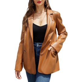 RISISSIDA Women Faux Leather Blazer Jacket Spring Fall Vegan Pleather Soft Casual Lapel Button Down Coat,Brown,L