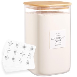 HHMJSM Large glass flour and sugar containers with 132 Kitchen Pantry Labels - 1 Gallon Glass Food Storage Containers with Airtight Lids - Square Glass Jars Rice with Bamboo Lids