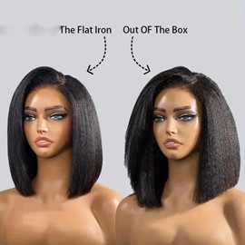 KHY.JNM Natural Color 4C Kinky Edges Curly Baby Hair Hairline Yaki Straight Bob 13X4 HD Lace Front Pixie Cut Wig Glueless Human Hair Pre Plucked with Bleached Knots 180 Density for Black Woman 8 Inch