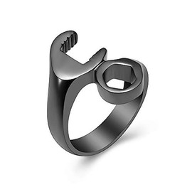 XSMZB Wrench Shape Cremation Rings - Holder Ashes for Pet/Human Stainless Steel Keepsake Ashes Jewelry Memorial Urn Ring for Men Women (Black, 7)