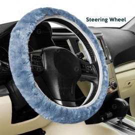 Zone Tech Fluffy Sheepskin Steering Wheel Handbrake & Gear Shift Cover- Premium Quality Winter Warm Plush Stretch on Vehicle Blue Comfortable Steering Wheel Handbrake & Gear Shift Cover Protector