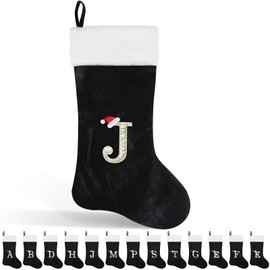Glimin 22 Inches Monogram Christmas Stocking with Letter Soft Velvet with White Plush Cuff Embroidered Initial Xmas Stockings for Christmas Holiday Fireplace Decoration Gifts (J Letter, Black)