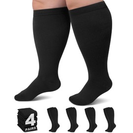 4 Pairs Plus Size Compression Socks for Women Men Wide Calf L/XL-4XL (15-20mmhg) Extra Large Knee High Compression Socks for Travel Running