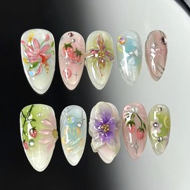 30Pcs 3D Cute Flower Press on Nails Medium Almond Fake Nails with Rhinestones Design French Nail Pearl Y2k Glitter False Nails Cute Strawberry Bow Star Floral Stick on Nail Acrylic Nails for Women