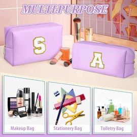 TOPEAST Preppy Stuff Tween Girls Gifts, 2 PCS Monogram Cute Cosmetic Makeup Bag Pouch Case Travel Toiletry Make Up Bag For Women Her Mom Best Friend Sister Teacher Bridesmaid, Purple M