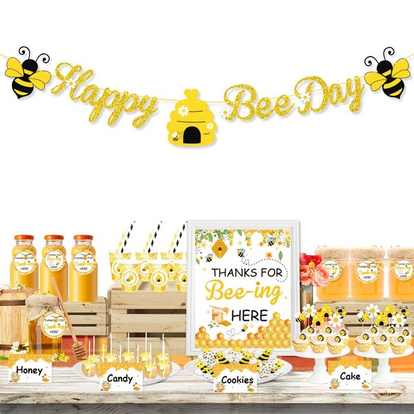 Bee Bar Decorations Kit, Happy Bee Day Banner Dessert Table Favors Food Tents Sign Cup Stickers Gift Tags with String for Honey Bee Birthday Baby Shower Gender Reveal Sweet as Can Bee Party Supplie