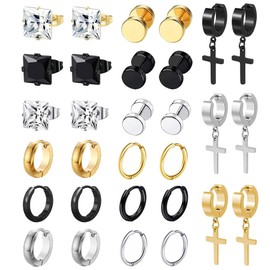 BVLAGIDA 15 Pairs Men's Earrings, Stainless Steel Hoop Earrings, Cross Pendant Earrings Set, Fake Plugs Earrings, Cubic Zirconia Stud Earrings for Men Women, Silver/Gold/Black, Stainless Steel