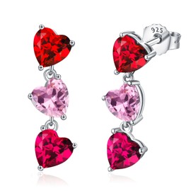 Heart Dangle Earrings for Women 925 Sterling Silver Drop Stud Earrings with Heart Shaped Cubic Zirconia(DeepRed/Red/Pink)