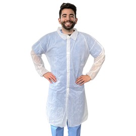 AMZ Disposable Lab Coat 2X-Large. Polypropylene 35 GSM White Disposable Lab Coats for Adults. 10 Pack Knee-length Lab Coat with Elastic Wrists, Loop Fasteners. White Lab Coat, No Pockets