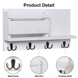 Key and Mail Holder for Wall Decorative - Rustic Mail Organizer Wall Mount, Wooden Letter Sorter Organizer with 4 Key Rack Hooks for Hallway Kitchen Farmhouse Decor (16.5” x 9.1” x 3.4”) (White)