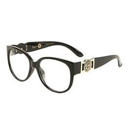 Kleo Oversized Gold Lion Head Medallion Luxury Cat Eye Sunglasses Eyeglasses w Clear Lenses (Glossy Black & Gold Frame, Clear Lenses), One Size Fits Most, (LH-5356CLR)