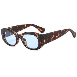 Long Keeper Trendy Oval Sunglasses Womens 90s Thick Frame Round Sunglasses Irregular Cat Eye Shade Travel Eyewear UV400 (LeopardBlue)