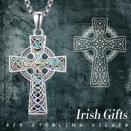 KINGWHYTE Celtic Cross Necklace 925 Sterling Silver Celtic Knot Pendant Abalone Shell Religious Protection Gift Irish Jewellery Gift for Men and Women, Sterling Silver, stencil