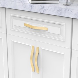 FURNIWARE Pack of 10 Cabinet Handles, Furniture Handles, Brass, 128 mm Hole Spacing, Kitchen Handles, Furniture Drawer Handles, Handles for Kitchen Cabinets, Cupboards, Drawer Handles