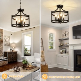 WBinDX 4-Light Farmhouse Chandelier, Modern Hanging Pendant Lighting, Convertible Semi Flush Mount Ceiling Light Fixture Rustic Vintage Black Chandeliers for Dining Room Kitchen Foyer Entryway