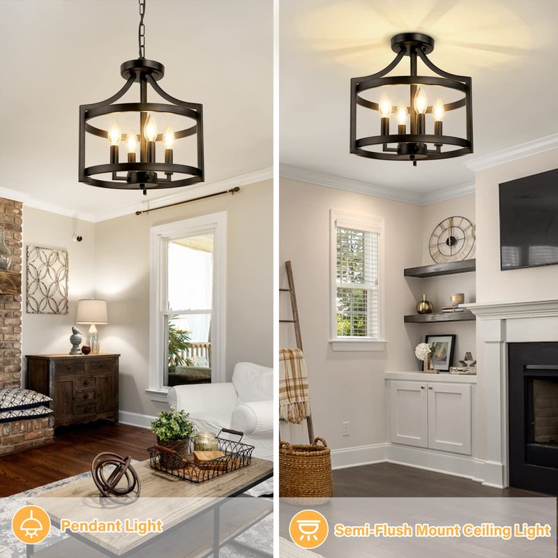 WBinDX 4-Light Farmhouse Chandelier, Modern Hanging Pendant Lighting, Convertible Semi
