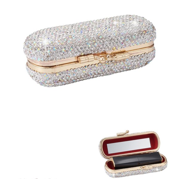 Lipstick Box with Mirror, Diamond Encrusted Crystal, Portable Lipstick Case Holder, Lipstick Holder, Cosmetic Storage Organiser, Prevent Lipstick from Opening and Scratching, White