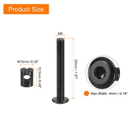 sourcing map 12Pcs Hex Socket Head Screws Bolts Barrel Nuts, M6 x 50mm Socket Furniture Bed Bolt Barrel Nuts with Wrench for Chairs Cots, Black