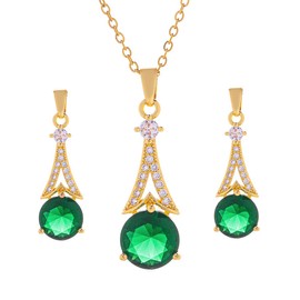 KONFEN Emerald Zircon Jewellery Set for Women, Matching Necklace and Earrings Tower Shape Adjustable Length, Premium Shining Classic Elegant and Vintage for Ladies 2 PCS Green Jewellery Set