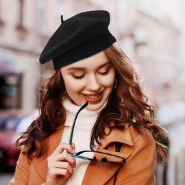 Women French Beret Hat - Winter Warm Wool Artist Beanie Cap | Classic Fashion Beret for Ladies and Girls Black