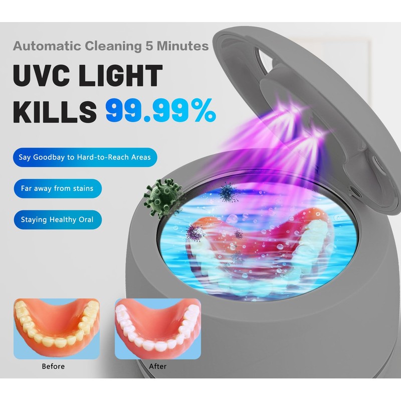 Ultrasonic denture cleaner for dentures, mouth guards, braces, toothbrush heads,