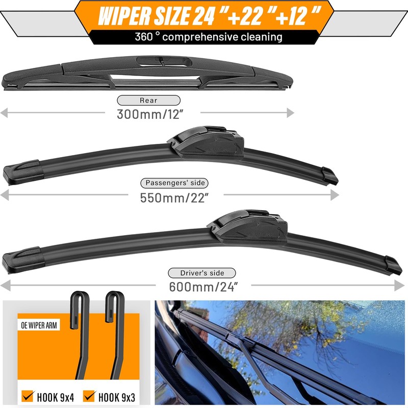 AUTOBOO 24"+22" Windshield Wipers with 12" Rear Wiper Blade Replacement