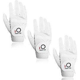 FINGER TEN Men’s Golf Gloves Worn on Right Hand for Left Handed Golfer Value 3 Pack, Rain Grip Hot Wet Weather Comfort Fit ML Rh White Color (White, M-Large, Right)