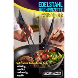 4happy Cooking Tweezers - 2 Pieces Cooking Tweezers Stainless Steel Set, Round Barbecue Tweezers for Cooking and Roasting + Pointed Kitchen Tweezers for Decorating, Tweezers Kitchen 30 cm, Black