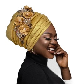 Turban Head Wraps for Black Women Diamond Bouquet Decoration Church Hats for Female African Wedding Auto Gele Headtie Nigeria Headwear Headscarf Bonnet